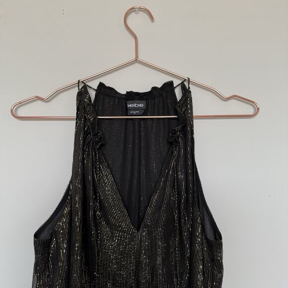 Bebe Womens Tank Top XS Black Silk Sequin Tie Neck Sleeveless Party Festival - Picture 3 of 6